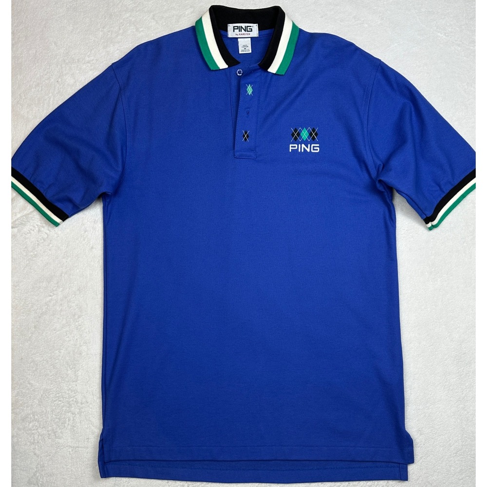Vintage Ping by Karsten Mens Blue Argyle Cotton Golf Polo Shirt M USA 697